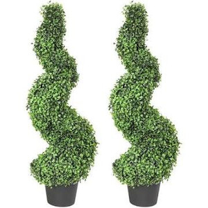 lot 3437 image: MOMO PLANT 35 Inch Artificial Boxwood Topiary Tree Spiral Plants Fake Faux Plant Decor in Plastic Pot Green Indoor or Outdoor, Set of 2