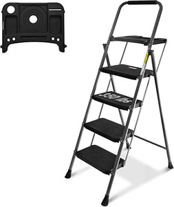 lot 3439 image: 4 Step Ladder, GOLYTON Lightweight Folding 4 Step Stool with Tool Platform, Wide Anti-Slip Pedal and Convenient Handgrip, Sturdy Steel Ladder Hold Up to 500lbs, Gray
