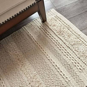 lot 3521 image: MOTINI Tufted Cotton Area Rug 3 x 5, Hand Woven Knotted Boho Accent Carpet, Ivory Beige Throw Rug with Gold Metallic Thread for Living Room Bedroom Entryway