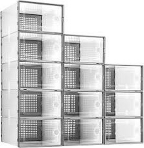 lot 3530 image: Kuject Shoe Organizer Storage Boxes for Closet 12 Packs Grey, Kuject Clear Plastic Stackable Shoe Storage Bins with Drawers & Lids, Clothes Kids Toy Under Bed Shoe Storage Containers For Entryway, Closet Floor, Drop Front, Cubby