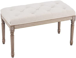 lot 4302 image: VONLUCE French Vintage Bench with Padded Seat & Rubberwood Legs, Upholstered Entryway Bench