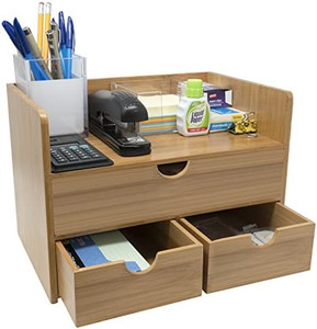 lot 4314 image: Sorbus 3-Tier Bamboo Shelf Organizer for Desk with Drawers - Mini Desk Storage