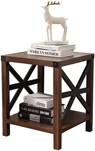 lot 4323 image: Lipo End Table, Small Side Table with Storage Shelf, Nightstand, Steel Frame, Rustic Farmhouse Industrial Modern Mid Century Wood Night Table for Living Room, Bedside, Sofa, SquareBrown (18x18x22)