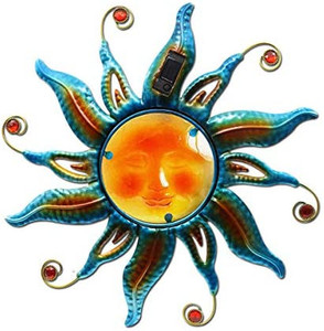 lot 4333 image: Goodeco Solar Sun Outdoor Wall Decor - Mount Metal Sun Wall Art Sculpture with LED Lights Glass Face