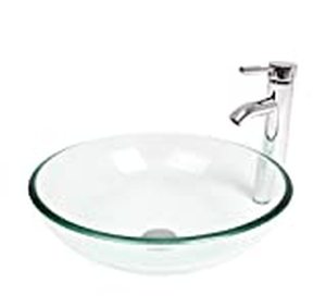 lot 4410 image: Elecwish Tempered Crystal Glass Vessel Sink Combo Counter Top with Chrome Faucet Bathroom Bowl Basin Vanity Round