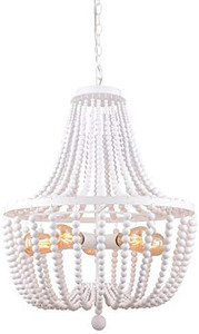 lot 4431 image: Alice House 21 Wood Bead Chandeliers, Rustic White Finish, 5 Light Wood Beaded Pendant Light