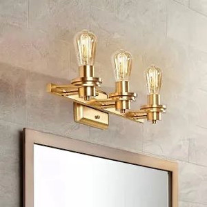 lot 4604 image: MOTINI 3-Light Gold Bathroom Vanity Light Fixture Brushed Brass Industrial Rustic Wall Sconces Up  Down Over Mirror Wall Lighting, Bulbs Included (ETL Listed)