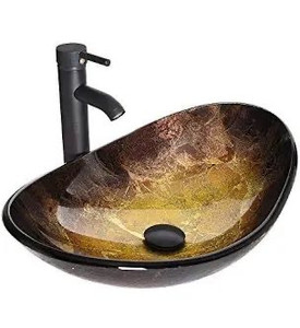lot 4608 image: Boat Shape Bathroom Artistic Glass Vessel Sink Free Oil Rubbed Bronze Faucet and Pop-up Drain,Gold ingot