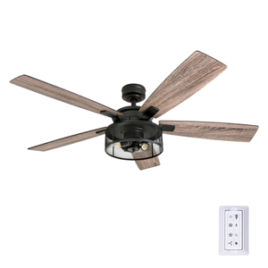lot 4617 image: Honeywell Carnegie 52 Matte Black LED Industrial Ceiling Fan with Remote Mesh Drum Lighting and Edison Bulbs