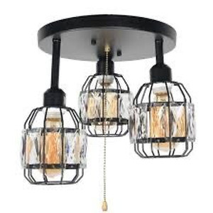lot 4618 image: Crystal Cage Semi Flush Mount Pull Chain Light, Black Metal Round Industrial Ceiling Lighting with Pull String Modern Close to Ceiling Light Fixture 3 Lights Edison E26 108