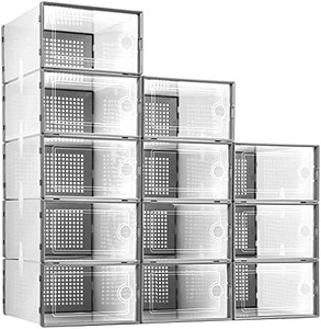 lot 4707 image: Shoe Organizer Storage Boxes for Closet 12 Packs Grey, Kuject Clear Plastic Stackable Shoe Storage Bins with Drawers & Lids