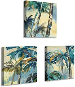 lot 4712 image: Seaside Coconut Palm Wall Art Coastal Tropical Abstract Trees Artwork Reproduction Painting Print Canvas Pictures for Bedroom (16W x 16H x 3 PCS)