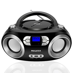 lot 4914 image: MEGATEK Portable CD PlayerRadioBluetooth Boombox with Enhanced Stereo Sound, CD-RCD-RWMP3WMA Playback, USB Port, AUX Input, Headphone Jack, Backlit LCD Display, ACBattery Operated
