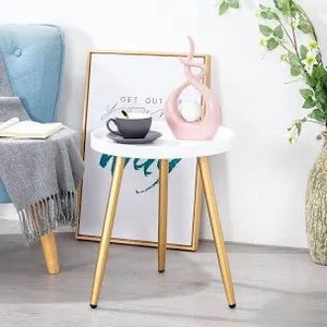 lot 363 image: Side Table, OTTOLIVES White End Table, Small Sofa End Table Indoor Accent Table for Small Spaces, Living Room, Bedroom, Balcony, Easy Assembly Decor Bedside Table with Wood Legs (Gold)