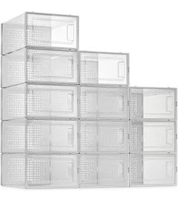 lot 406 image: Shoe Organizer Storage Boxes for Closet 12 Packs Grey, Kuject Clear Plastic Stackable Shoe Storage Bins with Drawers & Lids, Clothes Kids Toy Under Bed Shoe Storage Containers For Entryway, Closet Floor, Drop Front, Cubby