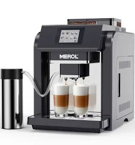 lot 419 image: MEROL Automatic Espresso Coffee Machine, Programmable 19-Bar Pressure Pump Coffee Maker, Burr Grinder, with Milk Frother for Cafe Americano, Latte and Cappuccino Drinks, Black