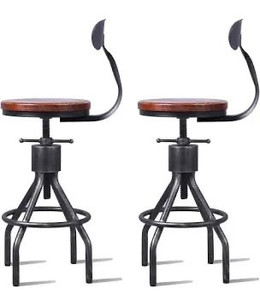 lot 1535 image: Set of 2 Industrial Bar Stool-Adjustable Swivel Wood Metal Bar Stool-Counter Height to Extra Tall Farmhouse Bar Stool-24-30 Inch Seat Height-with Backrest