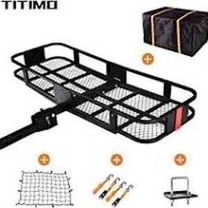 lot 1542 image: TITIMO 60x21x6 Folding Hitch Mount Cargo Carrier - Luggage Basket Rack Fits 2 Receiver - Rear Cargo Rack for SUV, Truck, Car(Includes Cargo Net, Ratchet Straps, Waterproof Cover) - 550LB Capacity