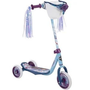 lot 2034 image: Huffy 78919 Frozen 2 Girl Scooter for Kids, Elsa & Anna Graphics, Handlebar Bin, Preschool Three Wheels & Streamers, BlueWhite