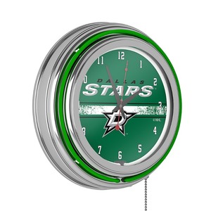 lot 2040 image: Dallas Stars NHL Chrome Double Ring Neon Clock - Victory Green, Silver, Black