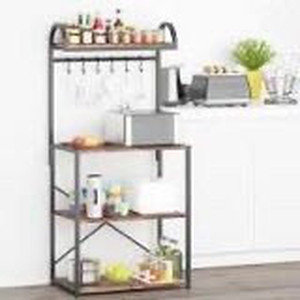 lot 2350 image: HIUU Kitchen Bakers Rack 4 Tier Utility Storage Shelves, Microwave Oven Stand with Storage, Kitchen Shelf Organizer Rack with 6 Hooks and Adjustable Feet, Brown Black