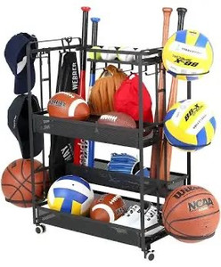 lot 2359 image: Jubao Garage Ball Storage Rack Rolling Sports Rack Organizer with Casters Wheels,Indoor Sports Gear Storage with Baskets and Hooks,Outdoor Sports Equipment Organizer with Cap Holder