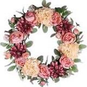 lot 2363 image: Spring Front Door Wreath, 22 Inch Artificial Flower Wreath with Dahlia and Peony Summer Wreath for Outdoor Front Door, Wall and Window Decor