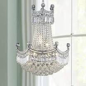 lot 2366 image: Bestier Modern Pendant Chandelier Crystal Raindrop Lighting Ceiling Light Fixture Lamp for Dining Room Bathroom Bedroom Livingroom entryway 9 E12 Bulbs Required D20 in x H30 in