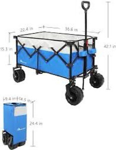lot 2437 image: Moon Lence Collapsible Outdoor Utility Wagon Heavy Duty Folding Garden Portable Hand Cart with Universal Wheels, Adjustable Handle & Drink Holders