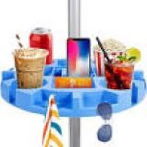 lot 2514 image: Keten 16 Beach Umbrella Table Tray with 4 Cup Holders, 4 Snack Compartments, 4 Sunglasses Holes, 4 Phone Slots, Umbrella Table for Beach, Patio, Garden, Swimming Pool