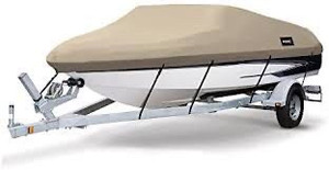 lot 2523 image: MSC Heavy Duty 600D Marine Grade Polyester Canvas Trailerable Waterproof Boat Cover,Fits V-Hull,Tri-Hull, Runabout Boat Cover (Model B - Length14-16 Beam Width up to 90, Beige)