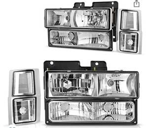 lot 75417 image: DWVO Headlight Assembly Compatible with Chevy CK Series 1500 2500 3500TahoeSuburbanSilverado 1992-1999 Crystal Headlamp wCorner & Bumper Light (Chrome)