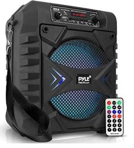 lot 75459 image: Portable Bluetooth PA Speaker System - 300W Rechargeable Outdoor Bluetooth Speaker Portable PA System w 8�� Subwoofer, AUX, Microphone in, Party Lights, MP3USB, Radio, Remote - Pyle PPHP854B, Black