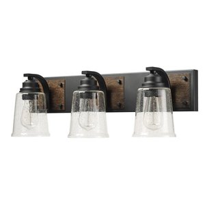 lot 75460 image: Globe Electric Warsaw 3-Light Matte Black Vanity Light with Dark Faux Wood Accents and Seeded Glass Shade 51852