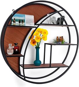 lot 75501 image: Wall Mounted Floating Circle Metal Frame Moon Shelf to Store Stone Crystals & Memorabilia - Floating Shelf Wall Art to Enhance Spaces - Walnut Color Rustic Home Decor - Boho Decor - 17.7x17.7in