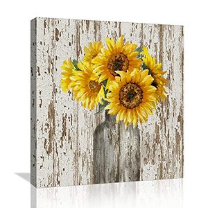 lot 29960 image: HHSJART Sunflower Wall Decor for Kitchen Bathroom Farmhouse Wall Decor, Rustic Pictures Canvas Moder Framed Painting, Artwork for Home Art Prints with Wood Frame, Yellow and Brown  (14 x 14)