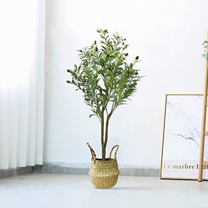 lot 29963 image: Casa Di Millie Artificial Olive Tree 4ft, Fake Olive Tree Faux Trees Indoor Large Faux Plants in Pot for Home Office Decor with Woven Plant Basket  (48 Tall)