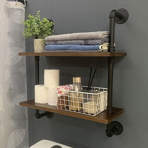 lot 29965 image: Industrial Pipe Shelving, Pipe Bathroom Shelves Wall Mounted, 24 in Iron Pipe Shelves, 2 Tier Industrial Floating Shelves with Solid Wood Planks