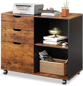 lot 30025 image: DEVAISE 3-Drawer Wood File Cabinet, Mobile Lateral Filing Cabinet, Printer Stand with Open Storage Shelves for Home Office, Rustic Brown #1 Best Seller in Office Lateral File