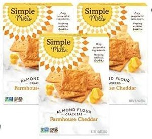 lot 30044 image: Simple Mills Almond Flour Crackers, Farmhouse Cheddar - Gluten Free, Healthy Snacks, 4.25 Ounce (Pack of 3)