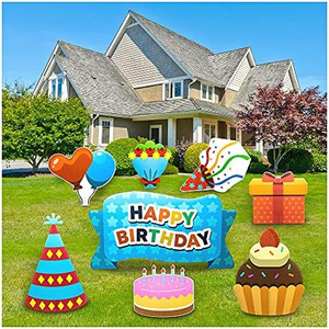 lot 30525 image: STORMWIND Large Size 8 Pack Colorful Happy Birthday Yard Signs with Stakes. Uniquely Designed Outdoor Birthday Party Lawn Signs with Vivid Color