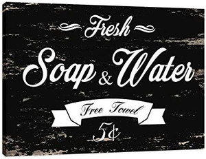 lot 31249 image: Fresh Soap & Water Free Towel 5 Bathroom Sign - FRAMED - Canvas Print Home Decor Wall Art, Gallery Wrap Inner Frame, Black  (14 x 18)
