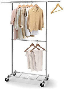 lot 31305 image: Standard Clothing Garment Rack, Rolling Clothes Organizer with Wheels and Bottom Shelves, Extendable, White