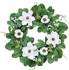 lot 31846 image: DDHS Eucalyptus Wreath,22Inch Front Door Wreath with Magnolia Flower Green Berries and Branches for Spring-Summer and Winter Wall Window and Wedding Farmhouse Artificial Wreath Decoration, White