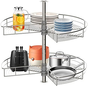lot 31851 image: GROWLING Lazy Susan Organizer for Cabinet, 28 Stainless Steel Kidney Shaped 2-Shelf Turntable Corner Kitchen Cabinet Organizer, Rotating Storage Rack
