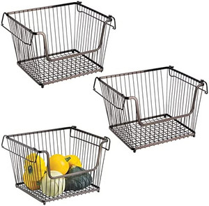 lot 31852 image: mDesign Modern Stackable Metal Food Storage Organizer Bin Basket with Handles, Open Front for Kitchen Cabinets, Pantry, Closets, Bedrooms, Bathrooms - Large, Bronze  (6 Pack)