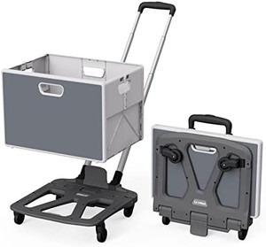 lot 31853 image: QFOLD Rolling Crate � Set of Folding Hand Truck and Collapsible Bin - Tiltable Handle 4 Wheels Luggage Cart 130 lbs Capacity for Teachers Shopping Grocery Laundry, Grey
