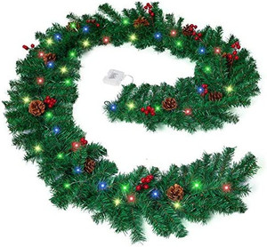 lot 31876 image: 9ft Prelit Lighted Christmas Garland with Red Berries and Pine Cones, Battery Operated Colored Lights Timer, Outdoor & Indoor Artificial Garland Christmas Decorations for Mantel Fireplace Stair Door