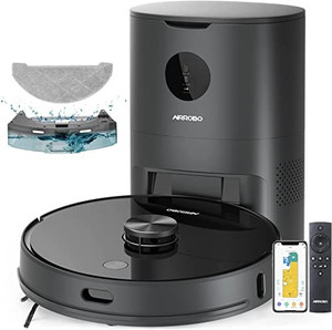 lot 31910 image: AIRROBO T10 Robot Vacuum and Mop with Self-Empty Base, Lidar Navigation, 5200mAh Battery, WI-FI Connected, Smart Mapping, Select Room, NO-go Zone, Compatible with Alexa and Google Assistant