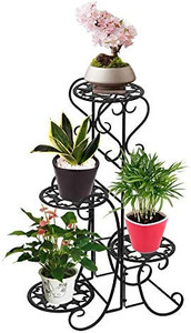 lot 45812 image: Kshioe Plant Stand Metal Flower Holder Racks with 4 Tier Garden Decoration Display Wrought Iron 4 Layers Planter Rack Shelf Organizer for Indoor Outdoor, Black (4 Tier Round)